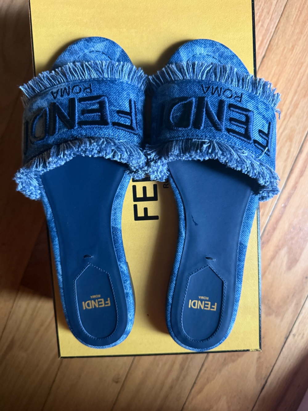 Fendi Frayed Denim Slide Sandals in Blue